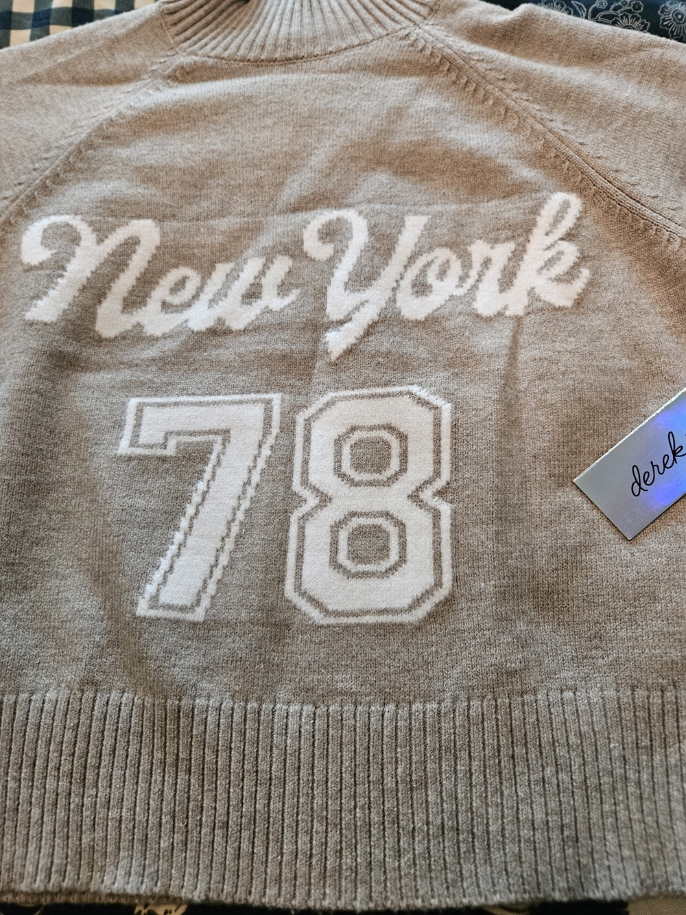 Derek Heart Taupe and White Turtleneck Sweater with 'New York 78' Intarsia